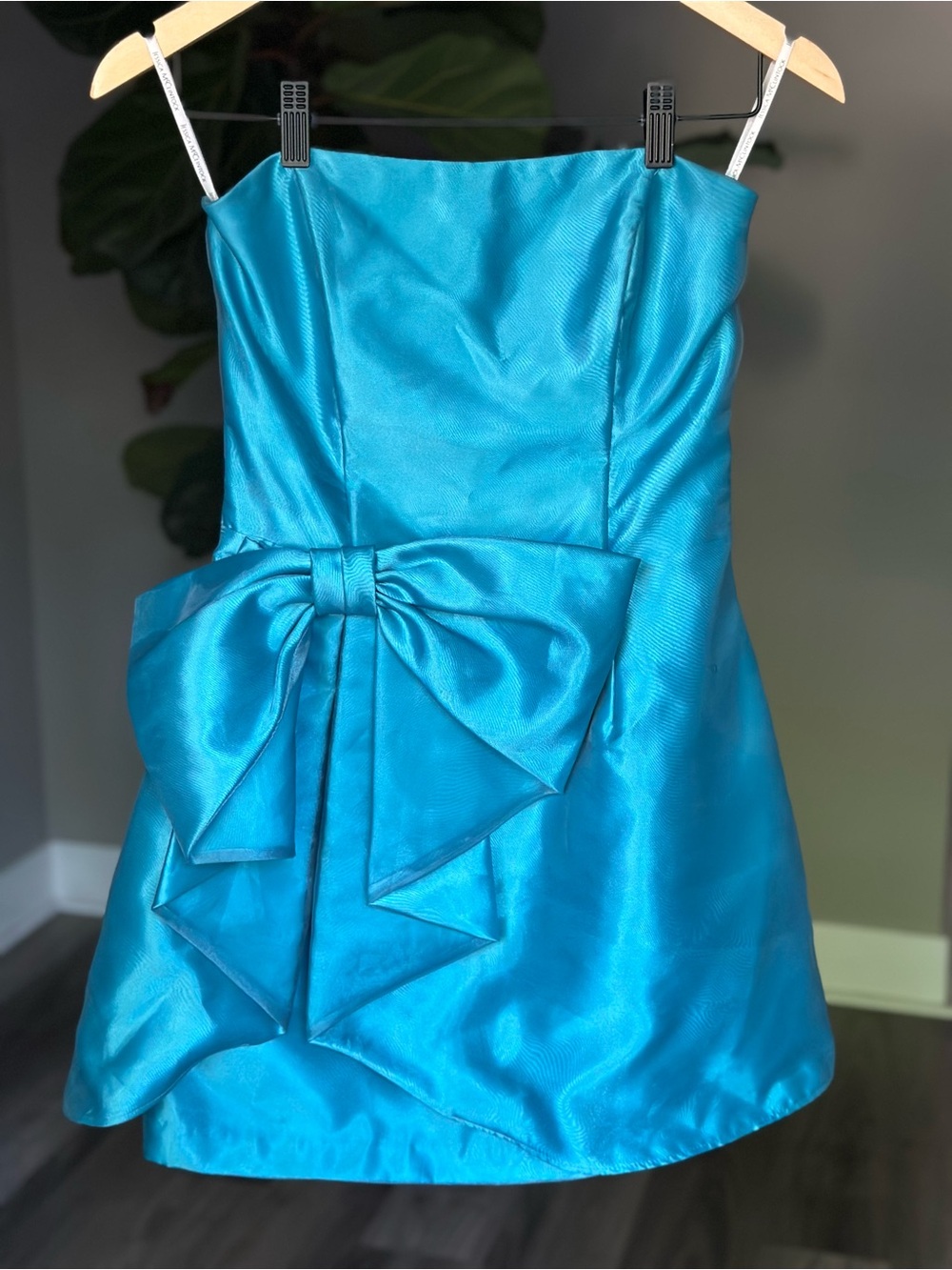 Jessica McClintock Gunne Sax Size 5 Teal Blue Strapless Mini Cocktail Bow Dress